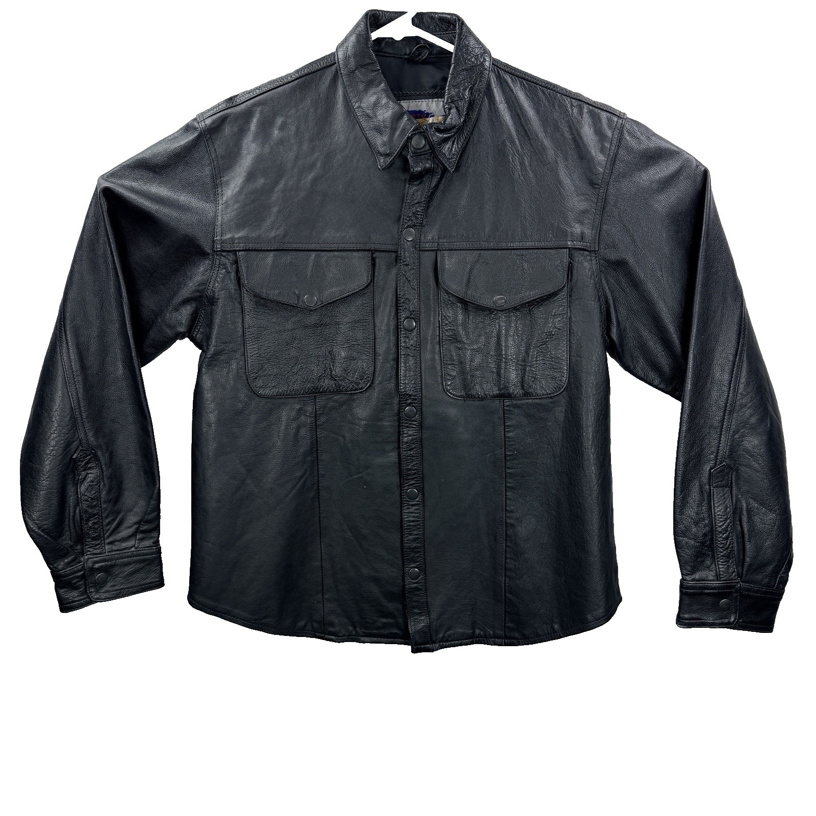 Vtg Mens Liberty 100% Leather Shirt Jacket Black Button Snap Sz Small Pakistan